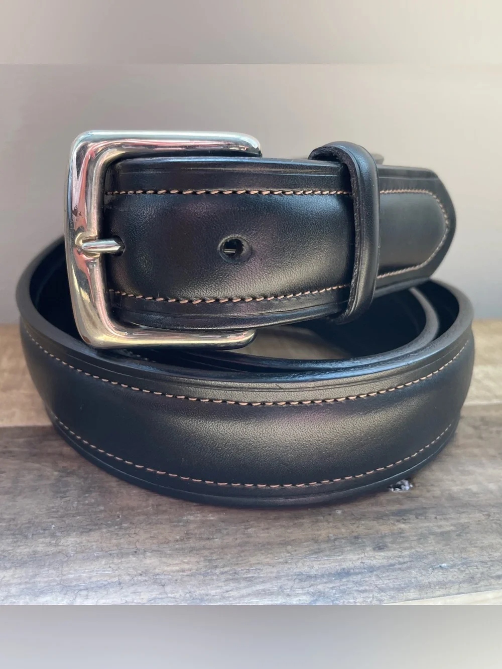 Polo Ralph Lauren Belt Black Italian Leather Solid Brass Buckle Stitch Mens 40
